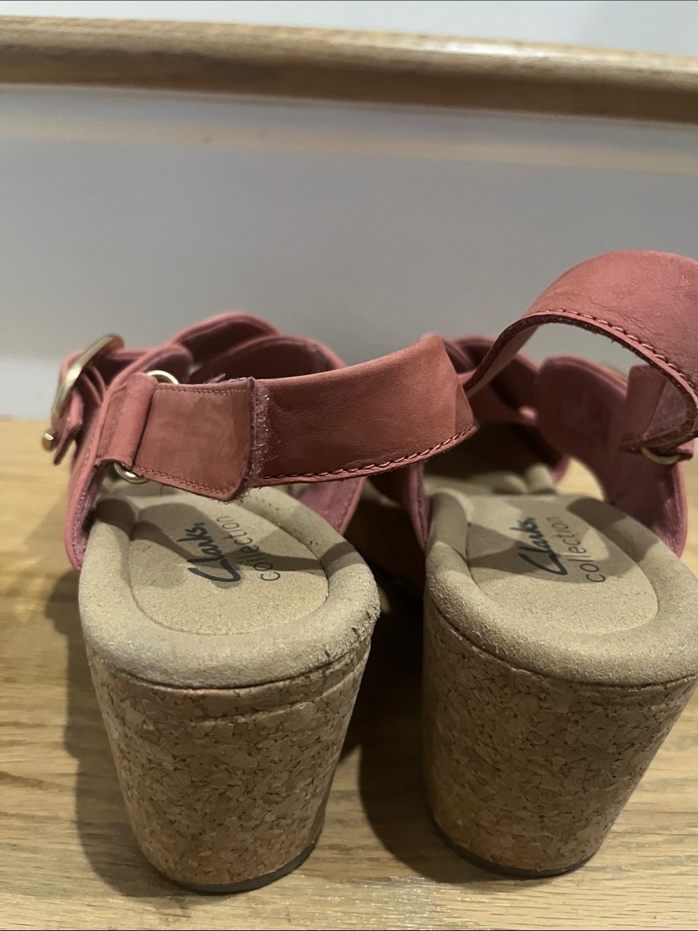 Clarks Coral Pink Crisscross Cork Wedge Sandals - Picture 2 of 6